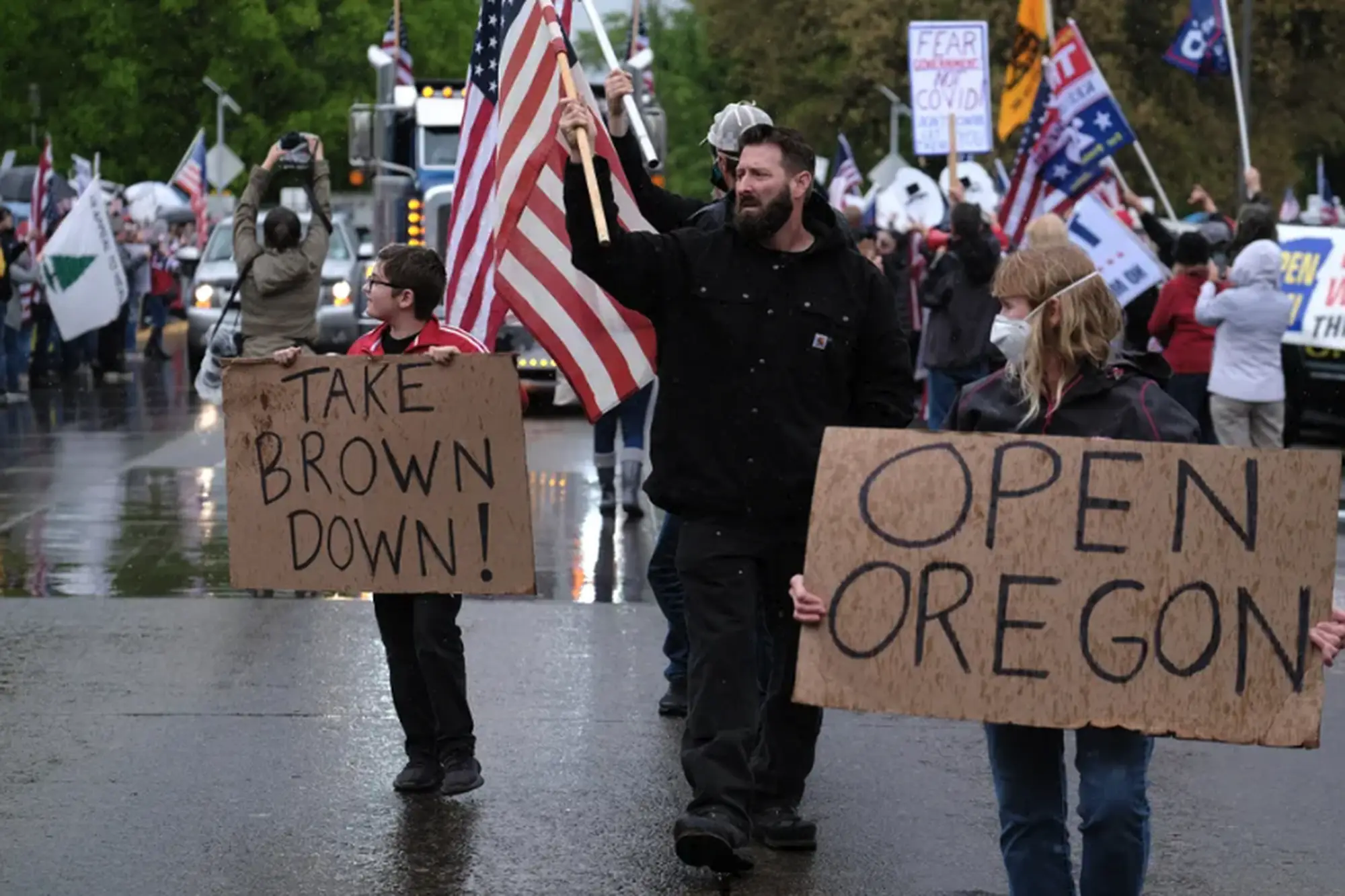 At the Oregon capitol, on May 2nd, hundreds protested lockdown measures instituted by Governor Kate Brown, hoisting signs representing a variety of right-wing ideologies.Photograph by Alex Milan Tracy / Sipa USA / AP